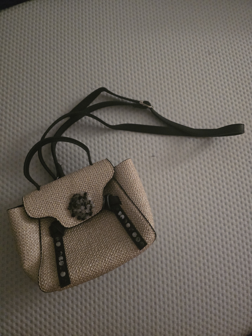 Mini Woven Straw Crossbody Bag with Black Trim/Reticulated Quartz